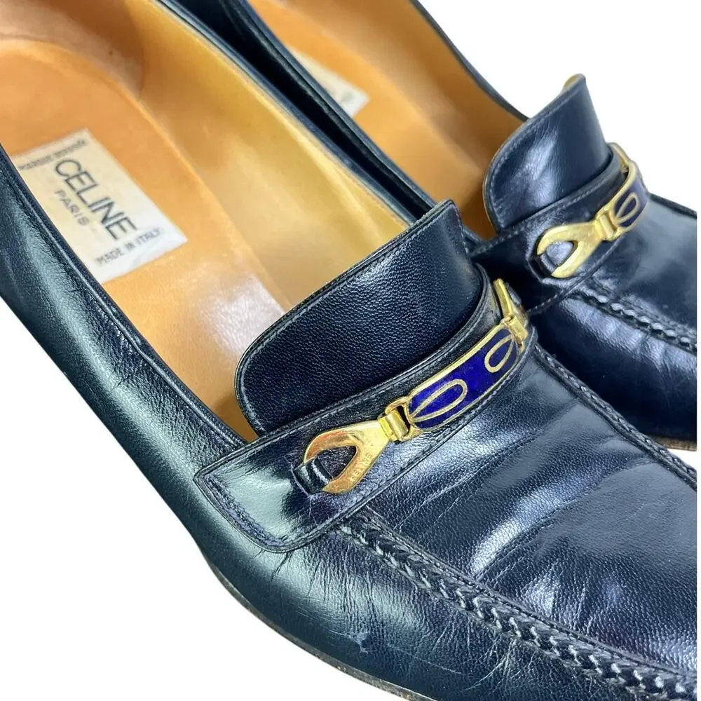 Celine Vintage Shoes Womens Sz 8 Blue‎ Leather Gold Trim Classic Old Money